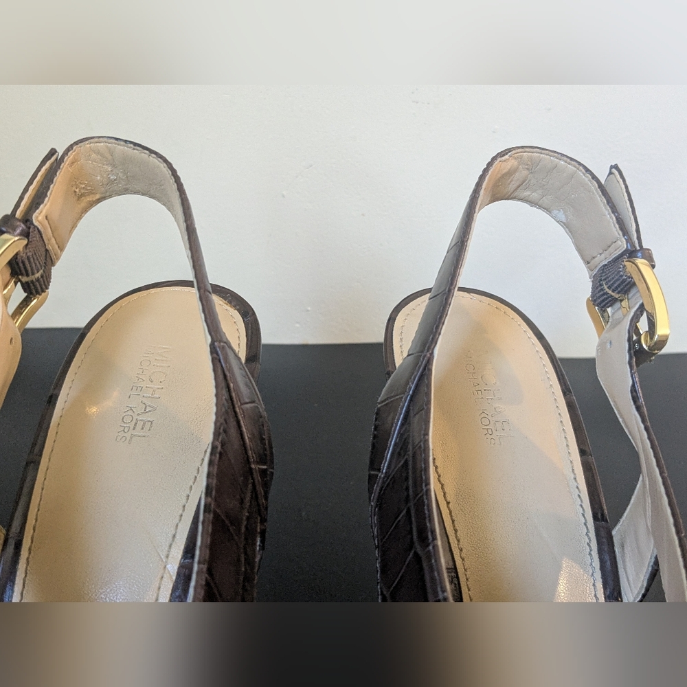 Michael Kors Womens Nutmeg Brown Becky Embossed Leather Sandal Heels - Picture 13 of 16